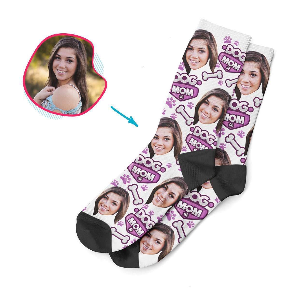 white Dog Mom socks personalized with photo of face printed on them