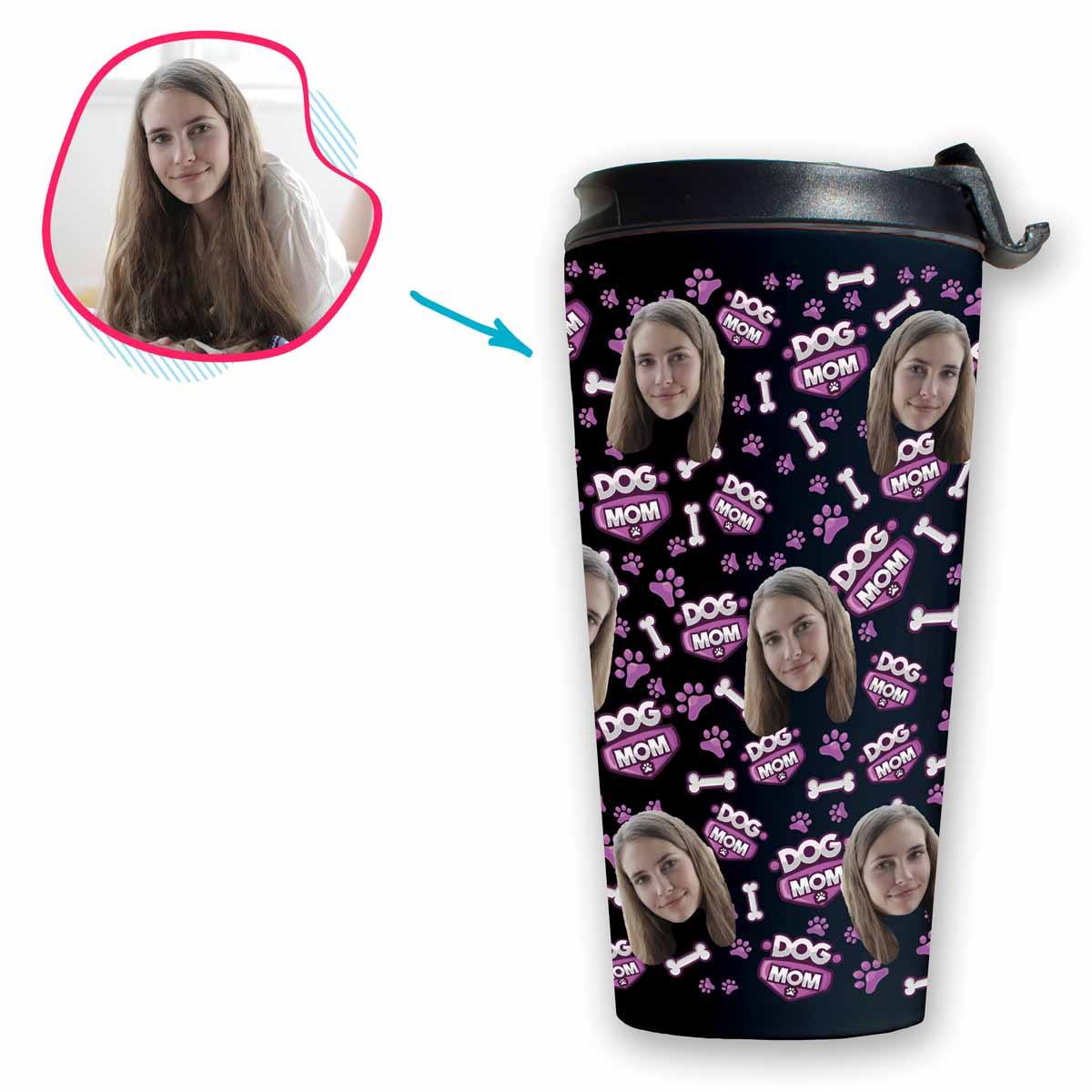 dark Dog Mom travel mug personalized with photo of face printed on it