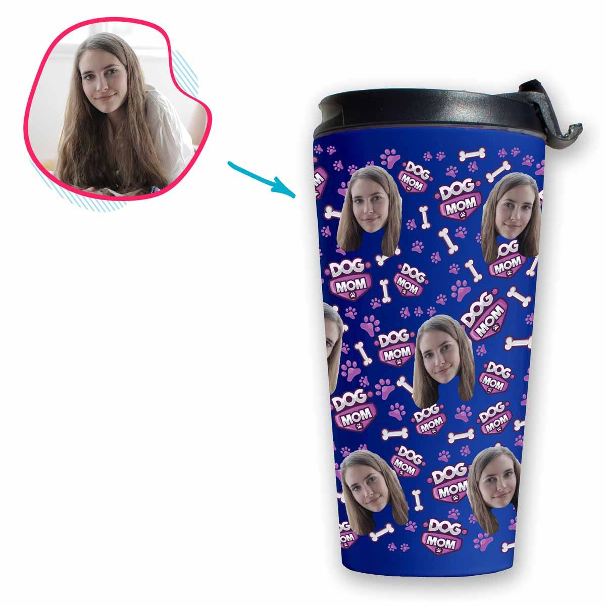 darkblue Dog Mom travel mug personalized with photo of face printed on it