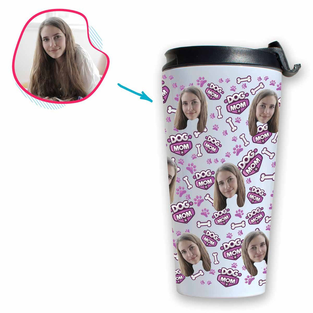 white Dog Mom travel mug personalized with photo of face printed on it