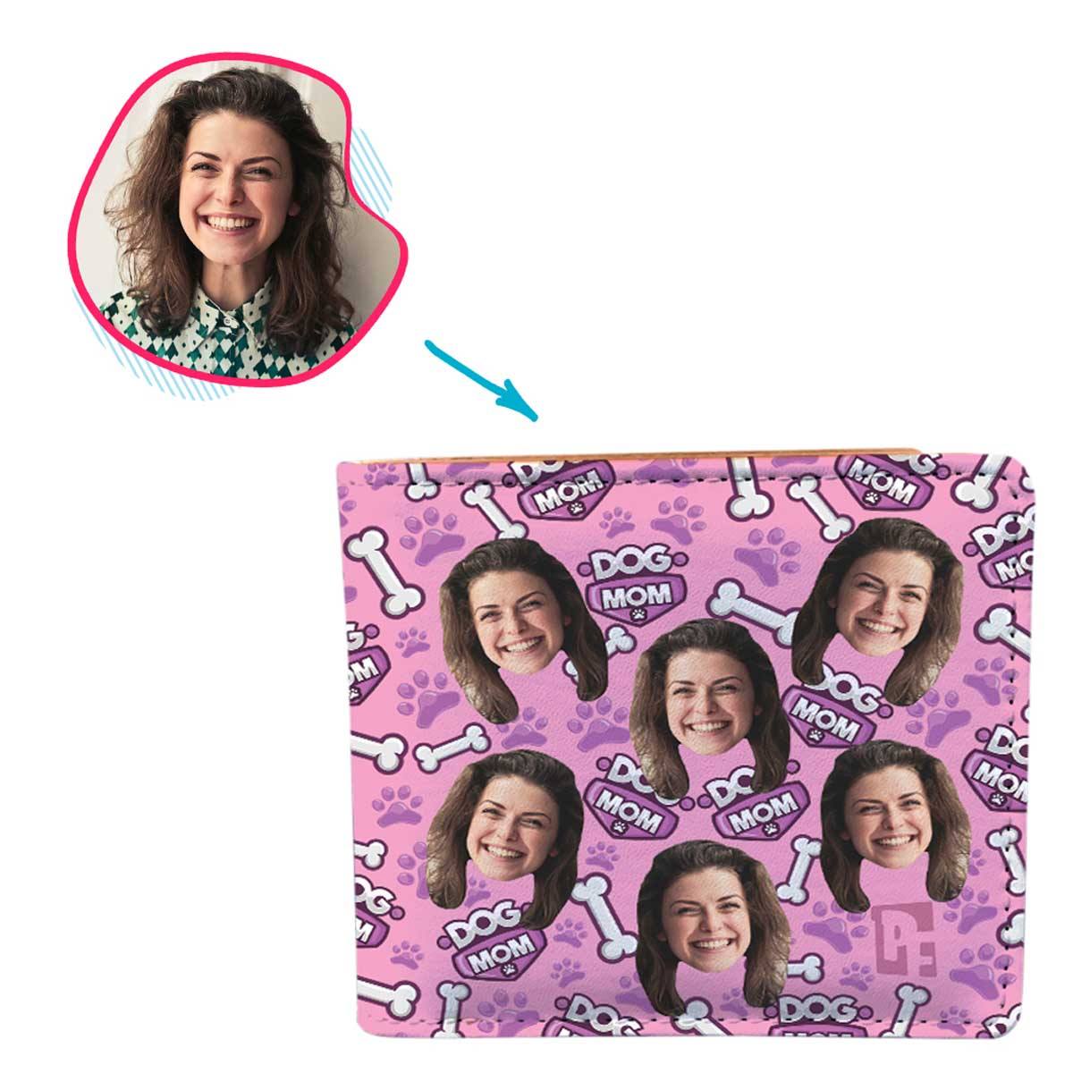 pink Dog Mom wallet personalized with photo of face printed on it