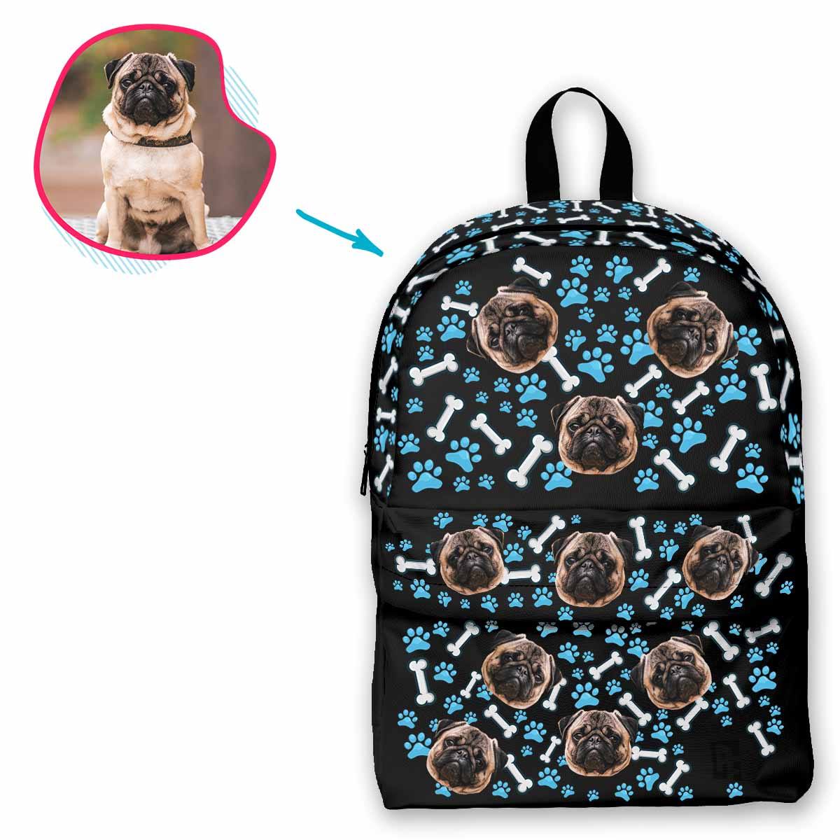 dark Dog classic backpack personalized with photo of face printed on it
