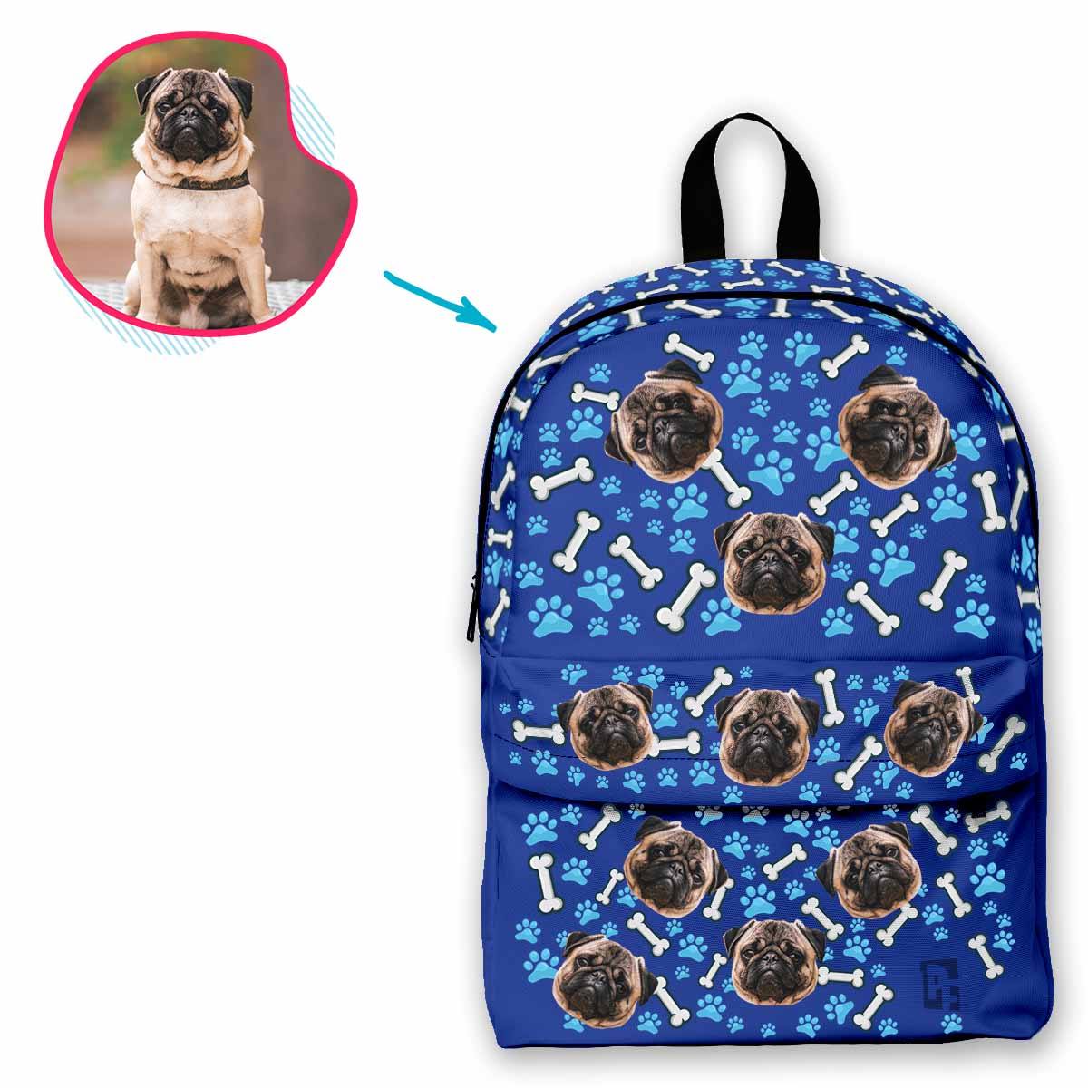 darkblue Dog classic backpack personalized with photo of face printed on it