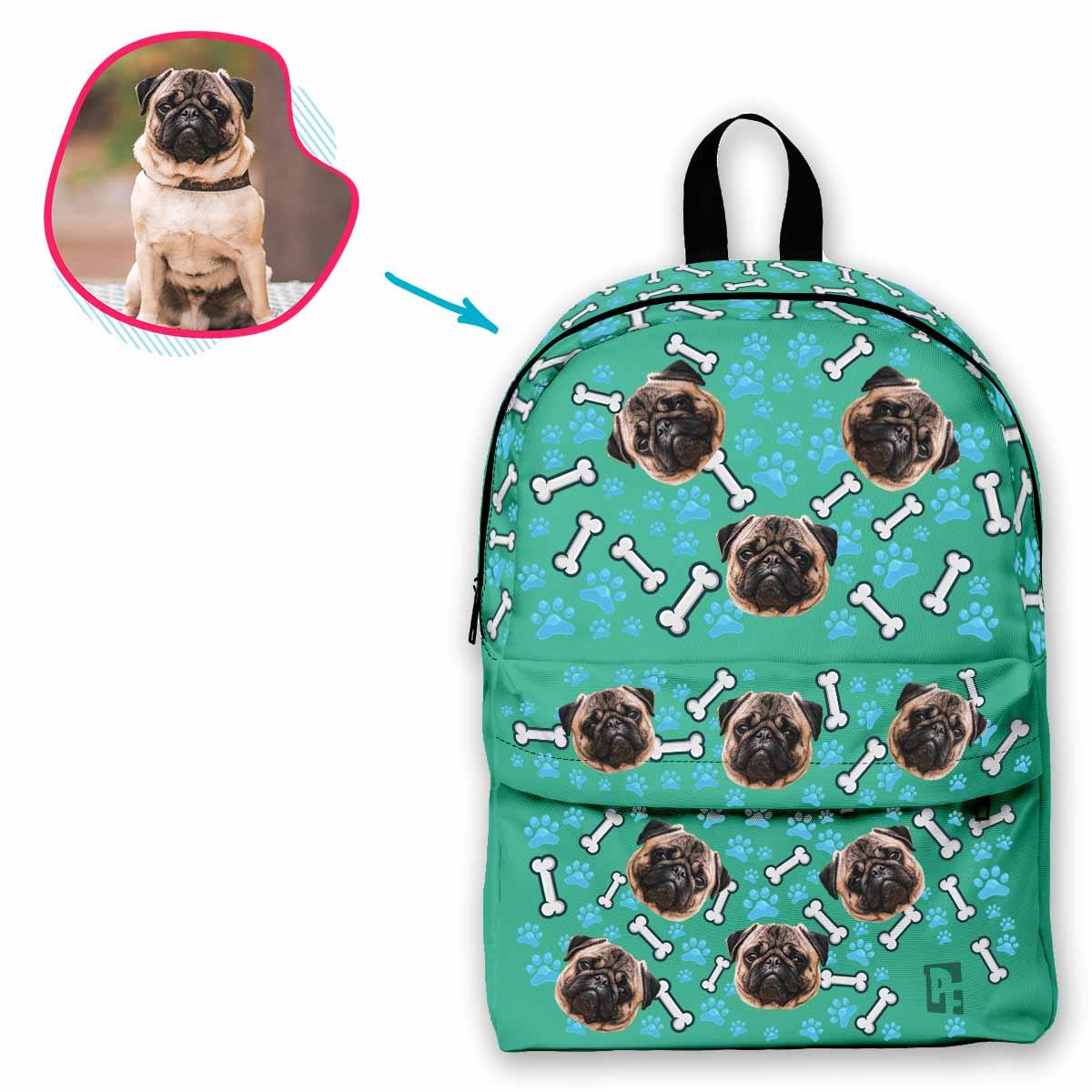 mint Dog classic backpack personalized with photo of face printed on it