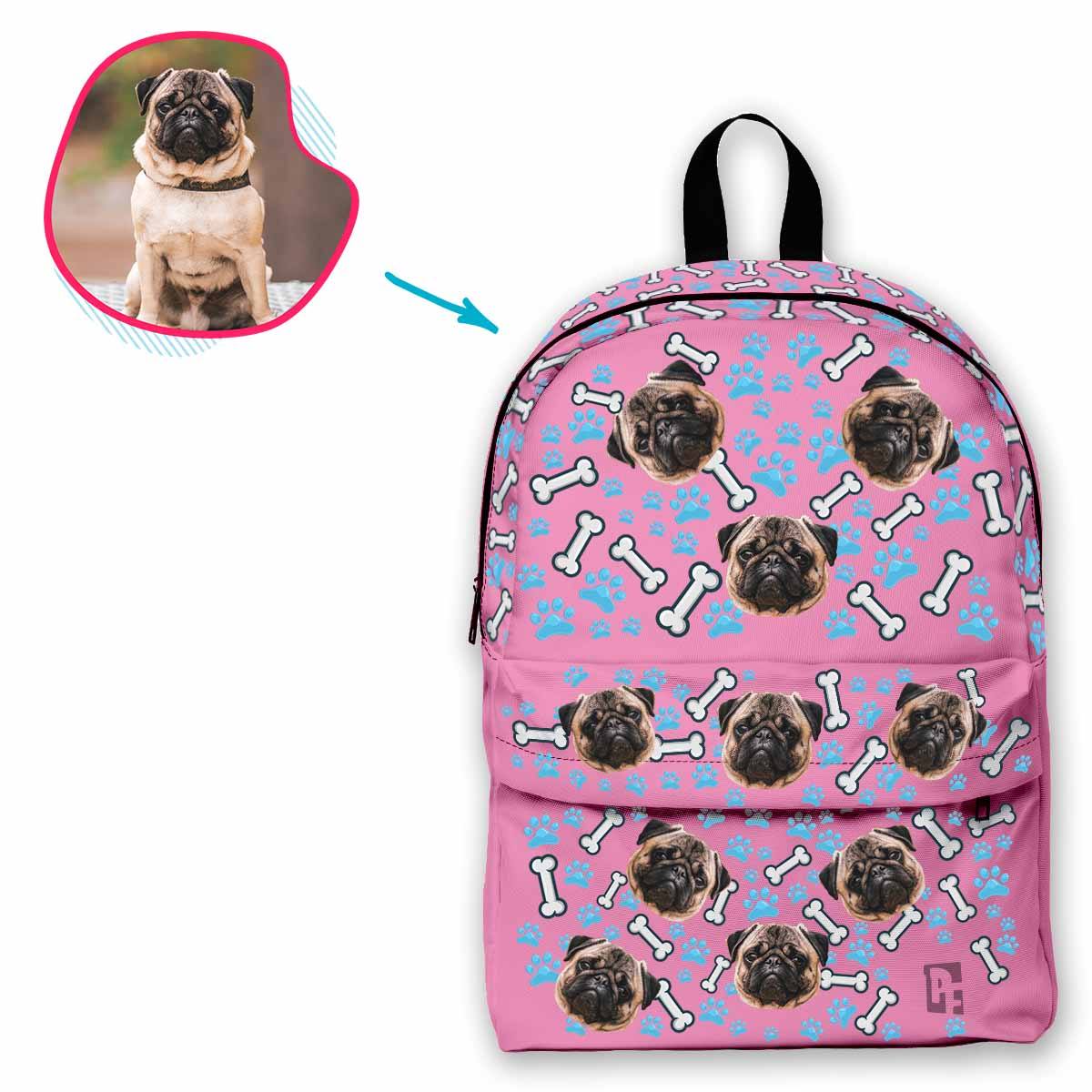 pink Dog classic backpack personalized with photo of face printed on it