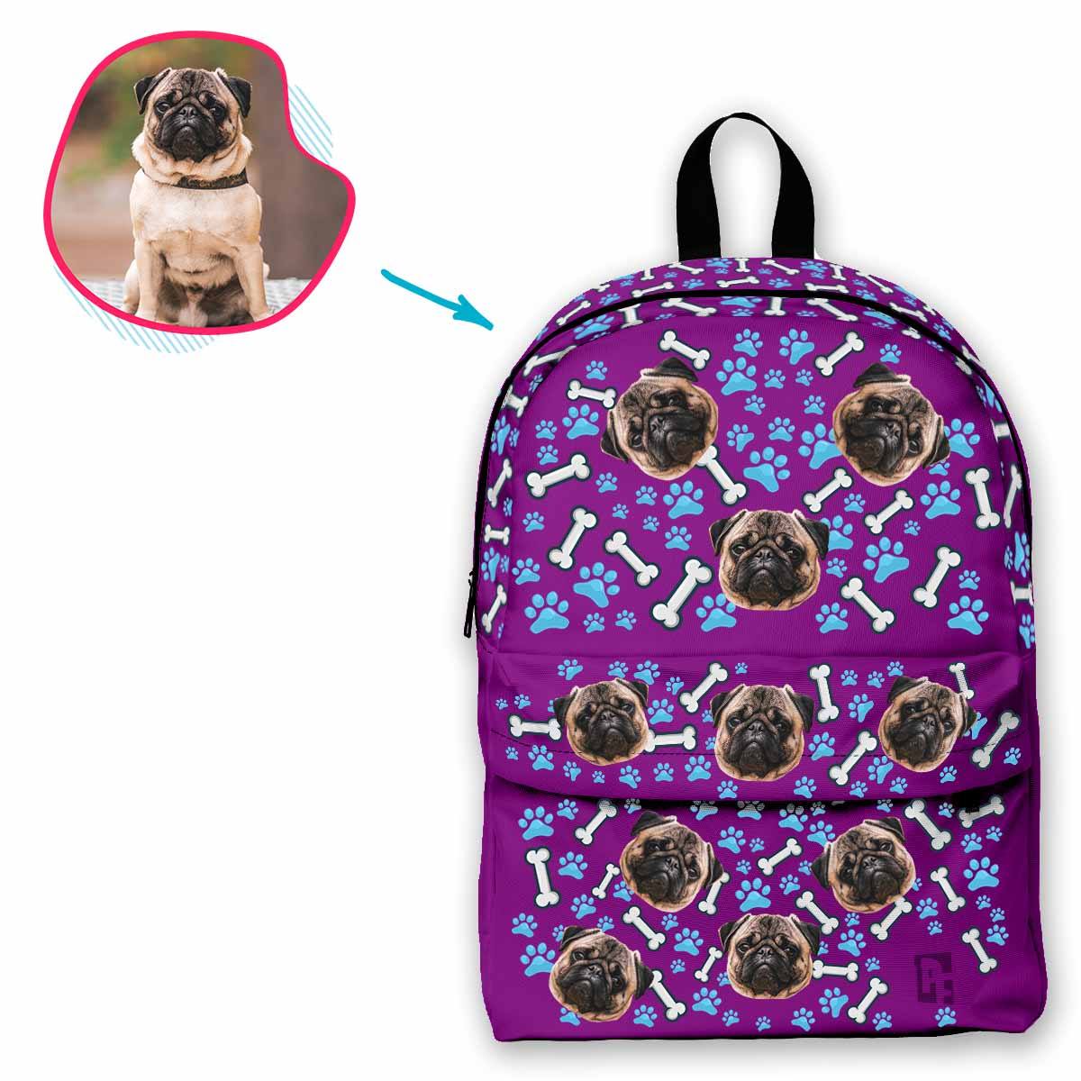 purple Dog classic backpack personalized with photo of face printed on it
