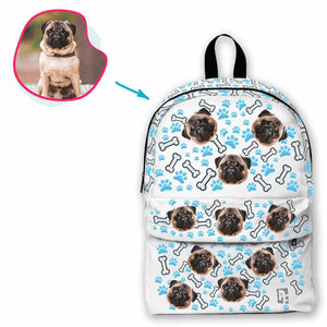 white Dog classic backpack personalized with photo of face printed on it