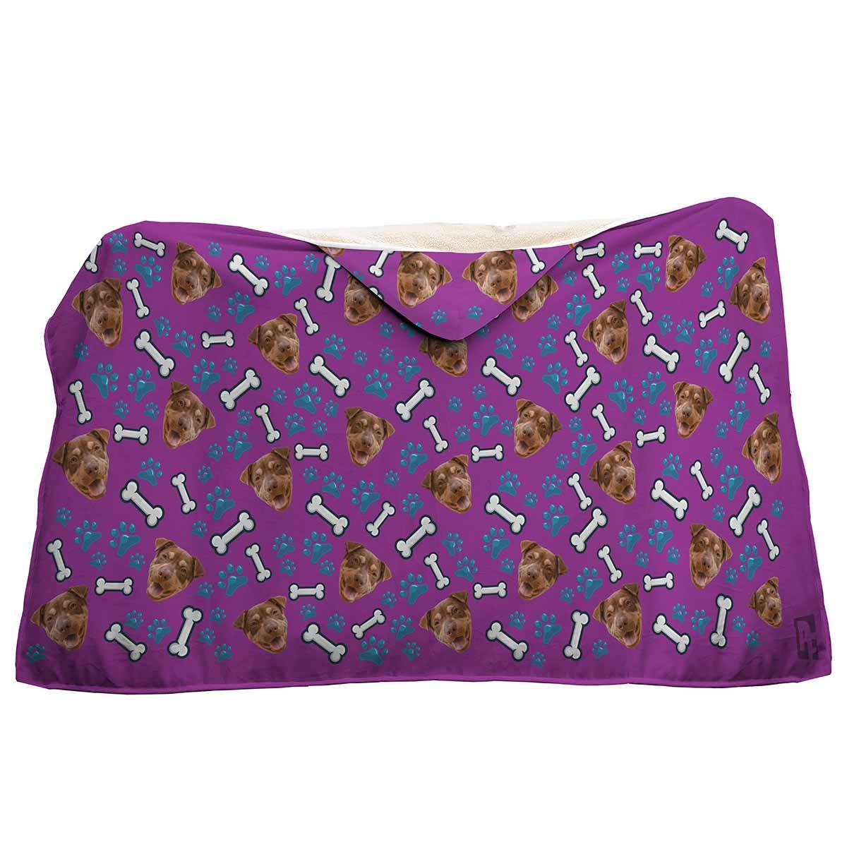 purple Dog hooded blanket personalized with photo of face printed on it