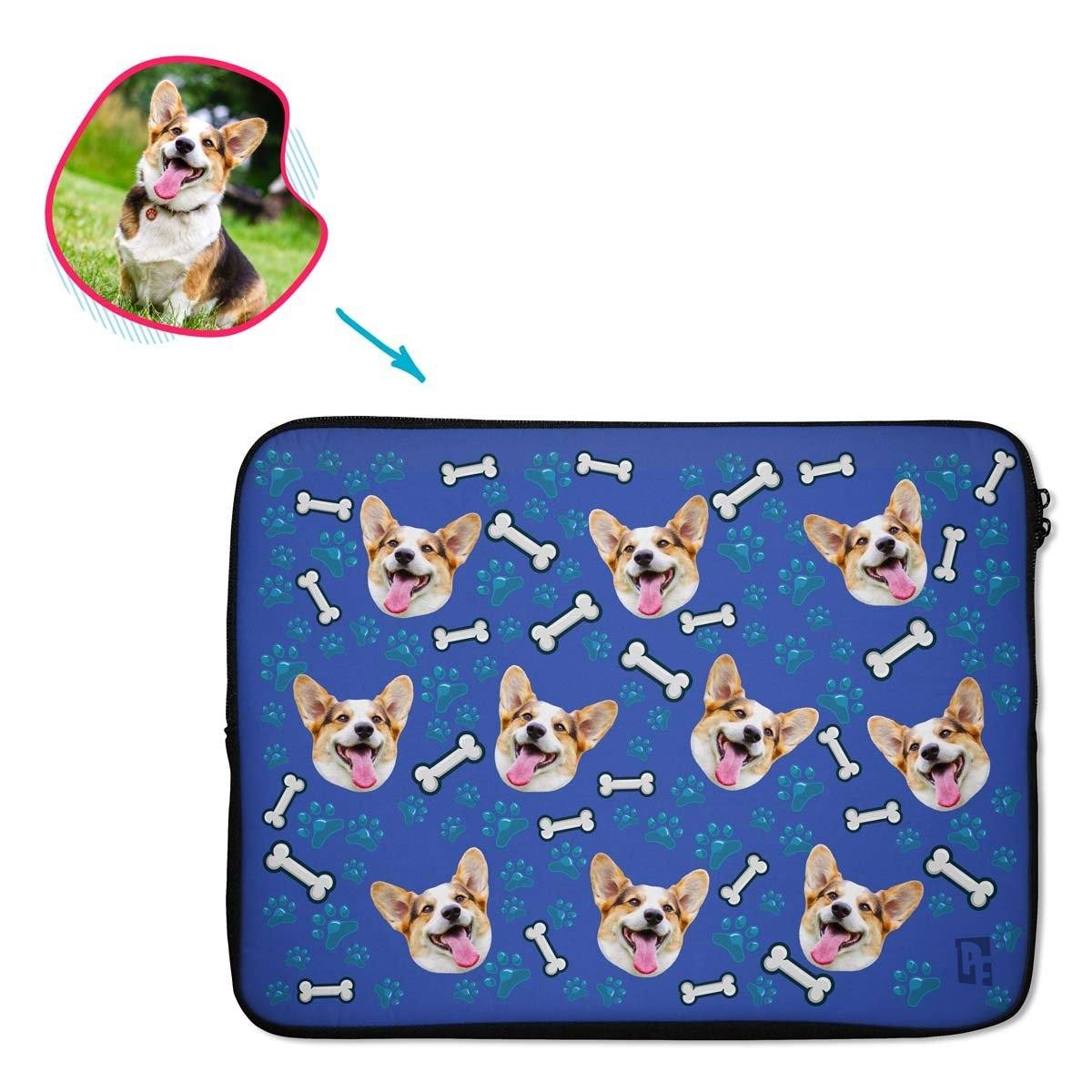 darkblue Dog laptop sleeve personalized with photo of face printed on them