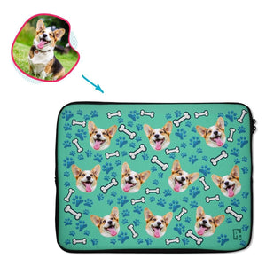 mint Dog laptop sleeve personalized with photo of face printed on them