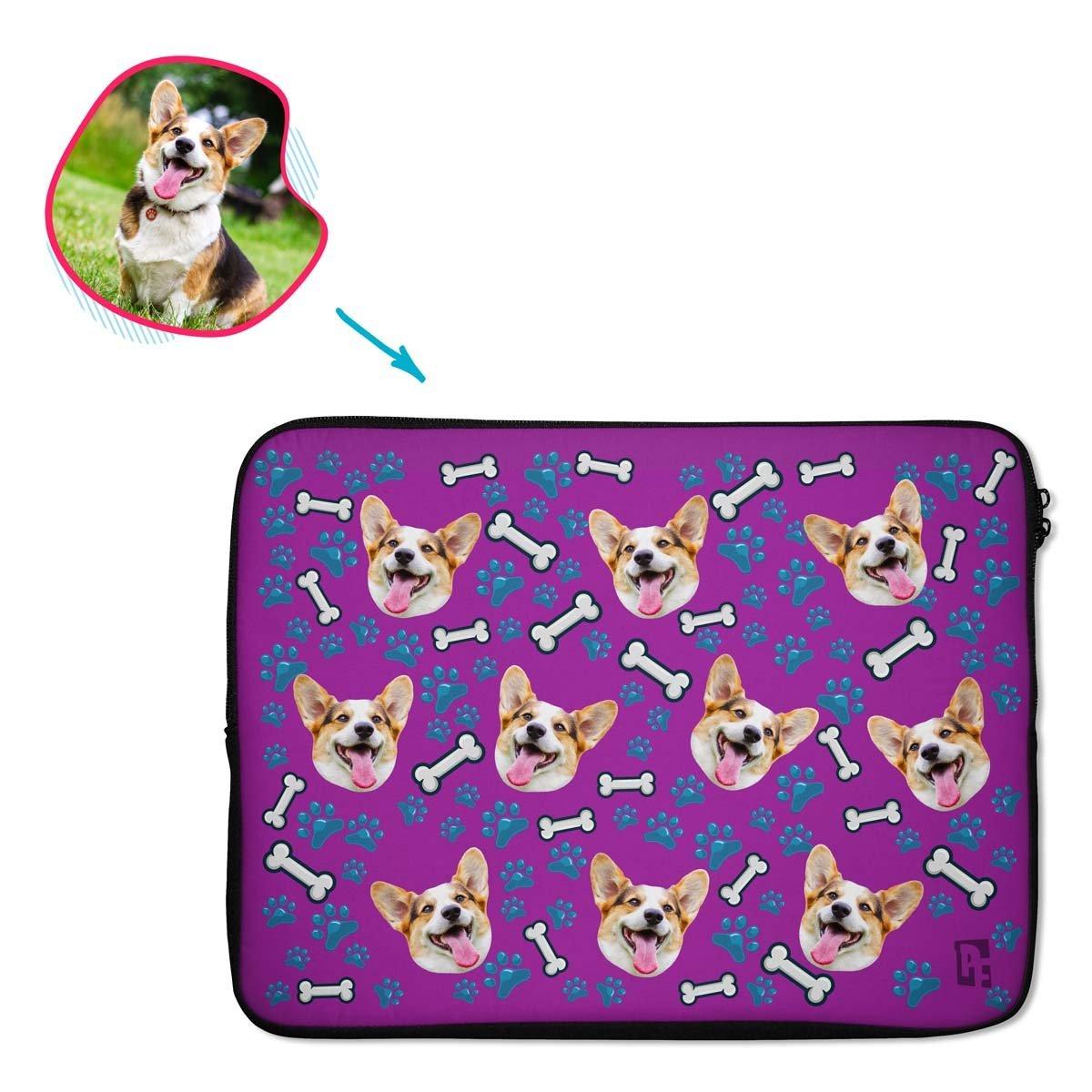 purple Dog laptop sleeve personalized with photo of face printed on them