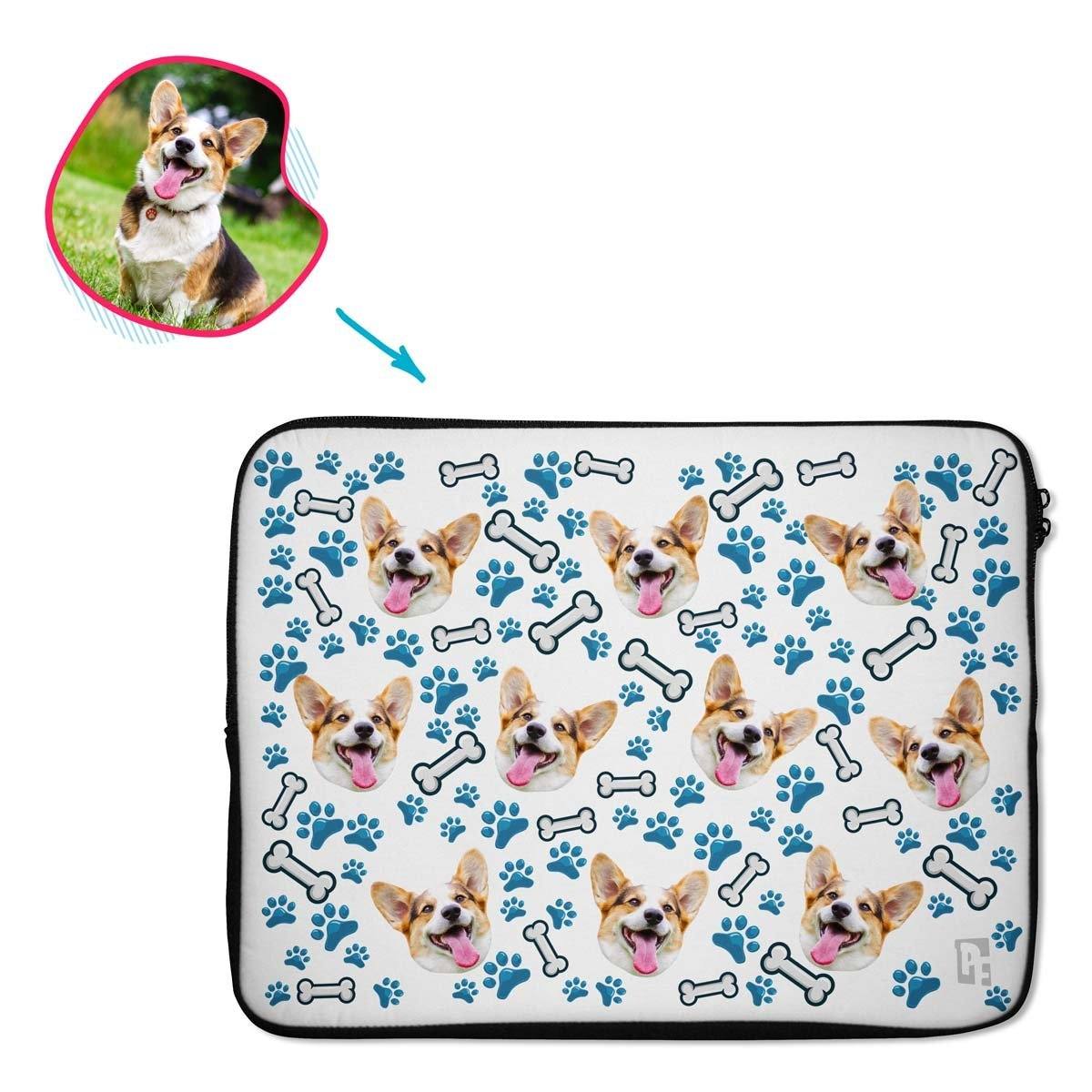 white Dog laptop sleeve personalized with photo of face printed on them