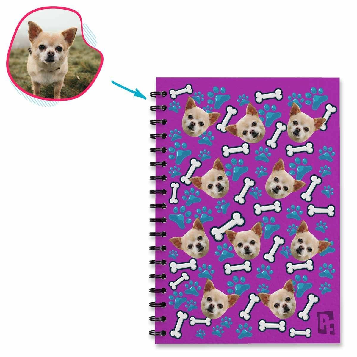 purple Dog Notebook personalized with photo of face printed on them