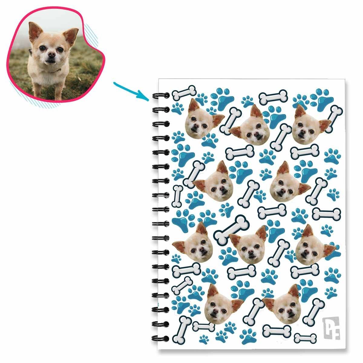 white Dog Notebook personalized with photo of face printed on them