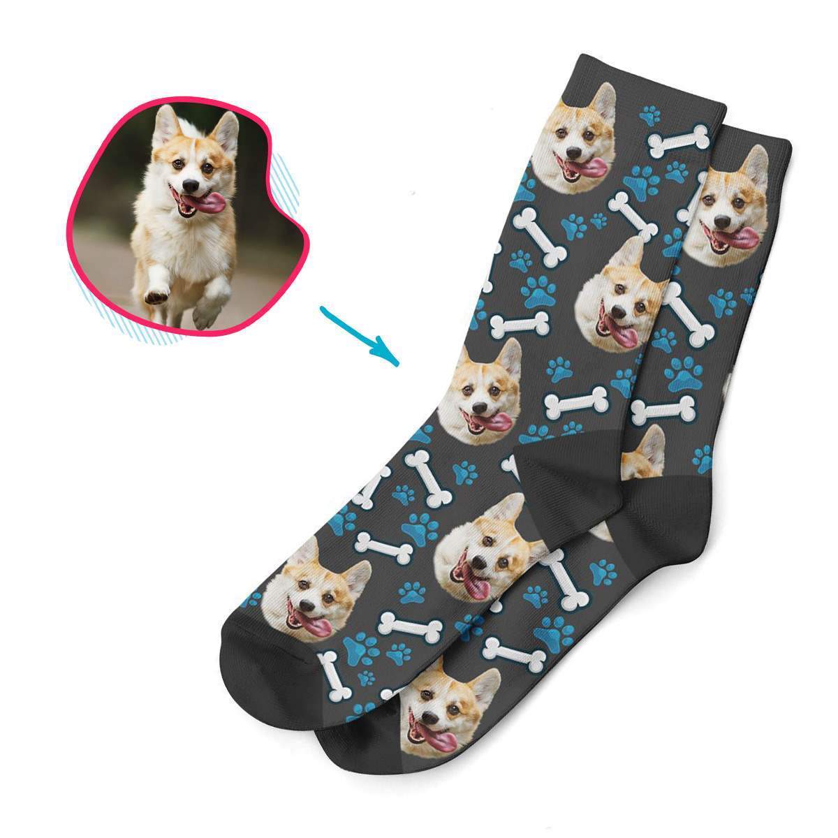 dark Dog socks personalized with photo of face printed on them