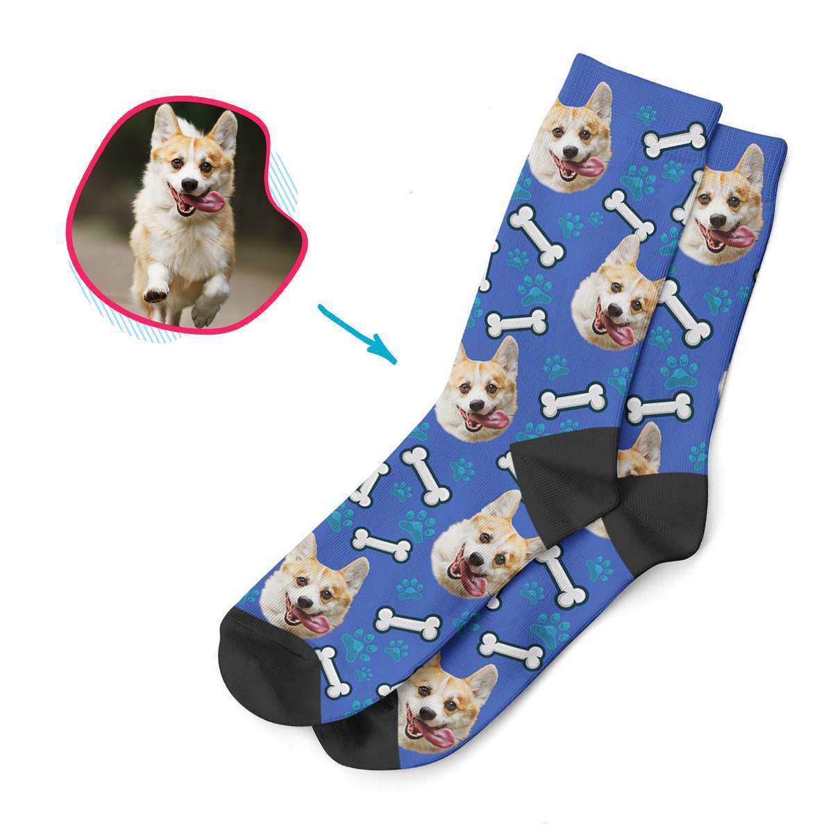 darkblue Dog socks personalized with photo of face printed on them