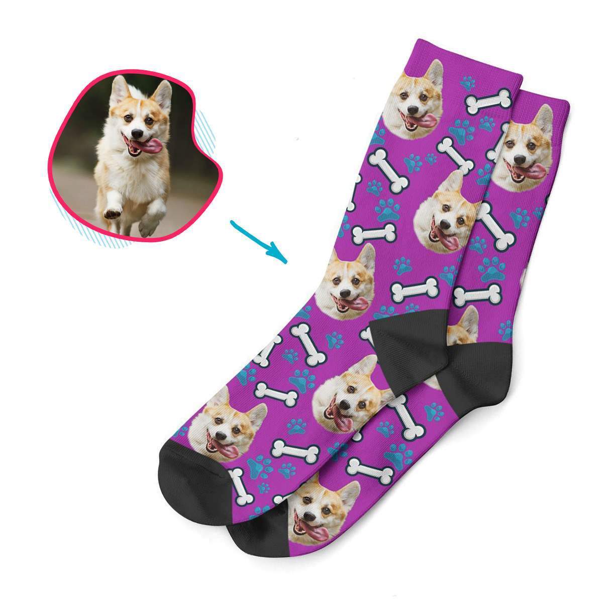 purple Dog socks personalized with photo of face printed on them
