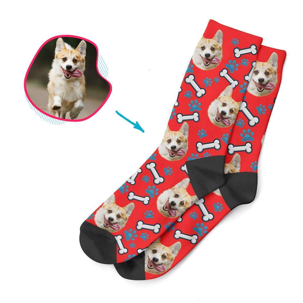 red Dog socks personalized with photo of face printed on them