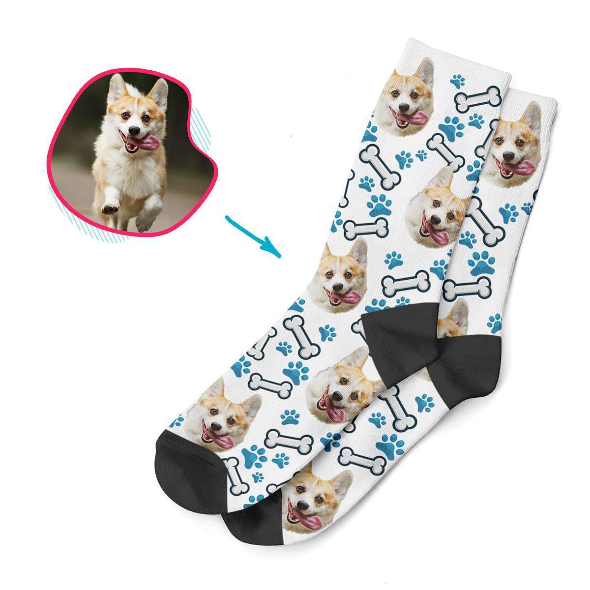 white Dog socks personalized with photo of face printed on them