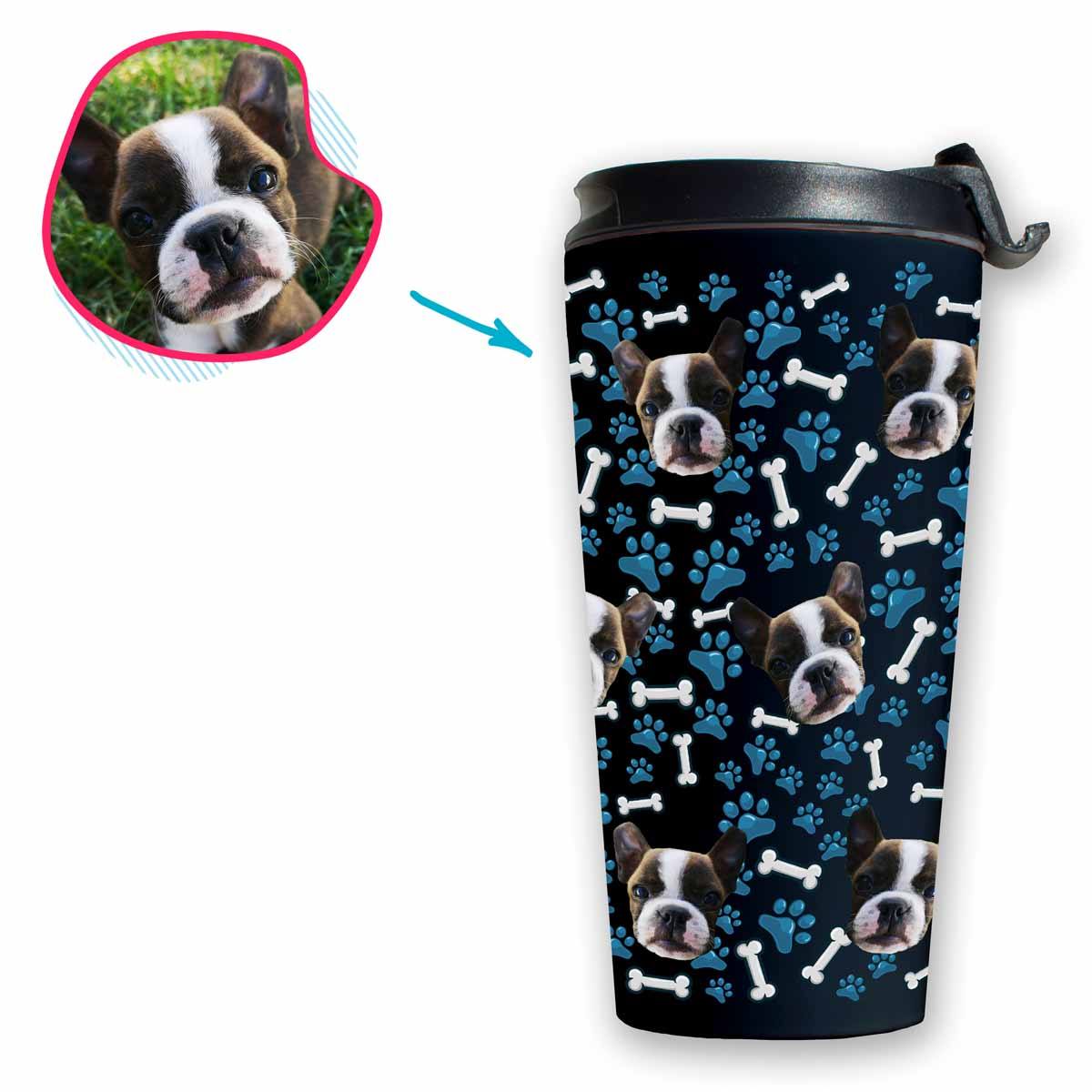 dark Dog travel mug personalized with photo of face printed on it