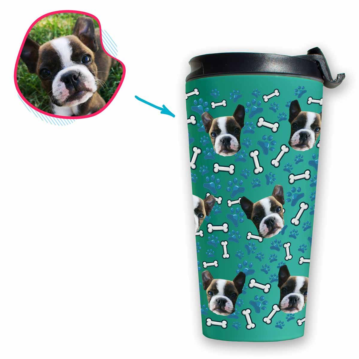mint Dog travel mug personalized with photo of face printed on it