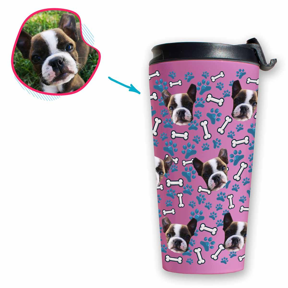 pink Dog travel mug personalized with photo of face printed on it
