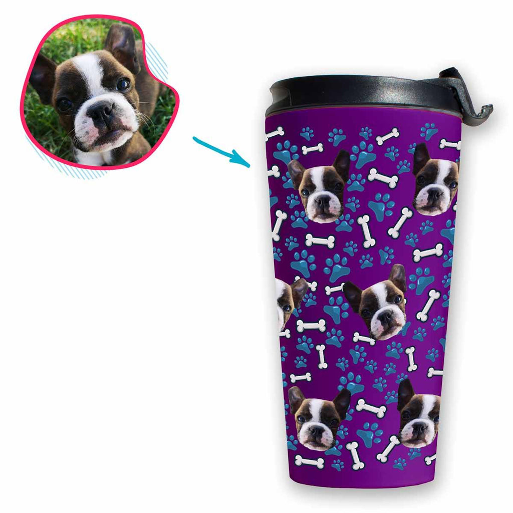 purple Dog travel mug personalized with photo of face printed on it