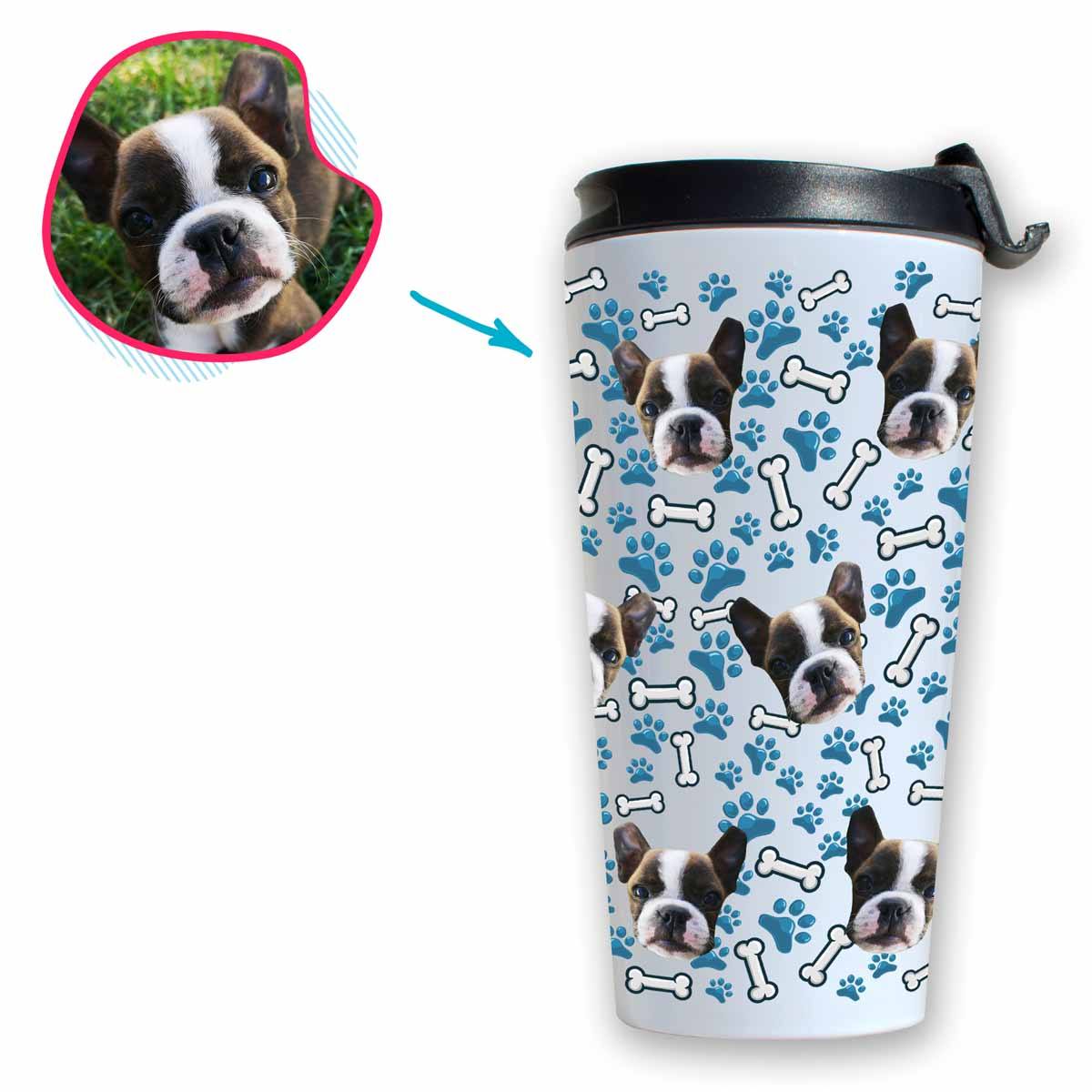 white Dog travel mug personalized with photo of face printed on it