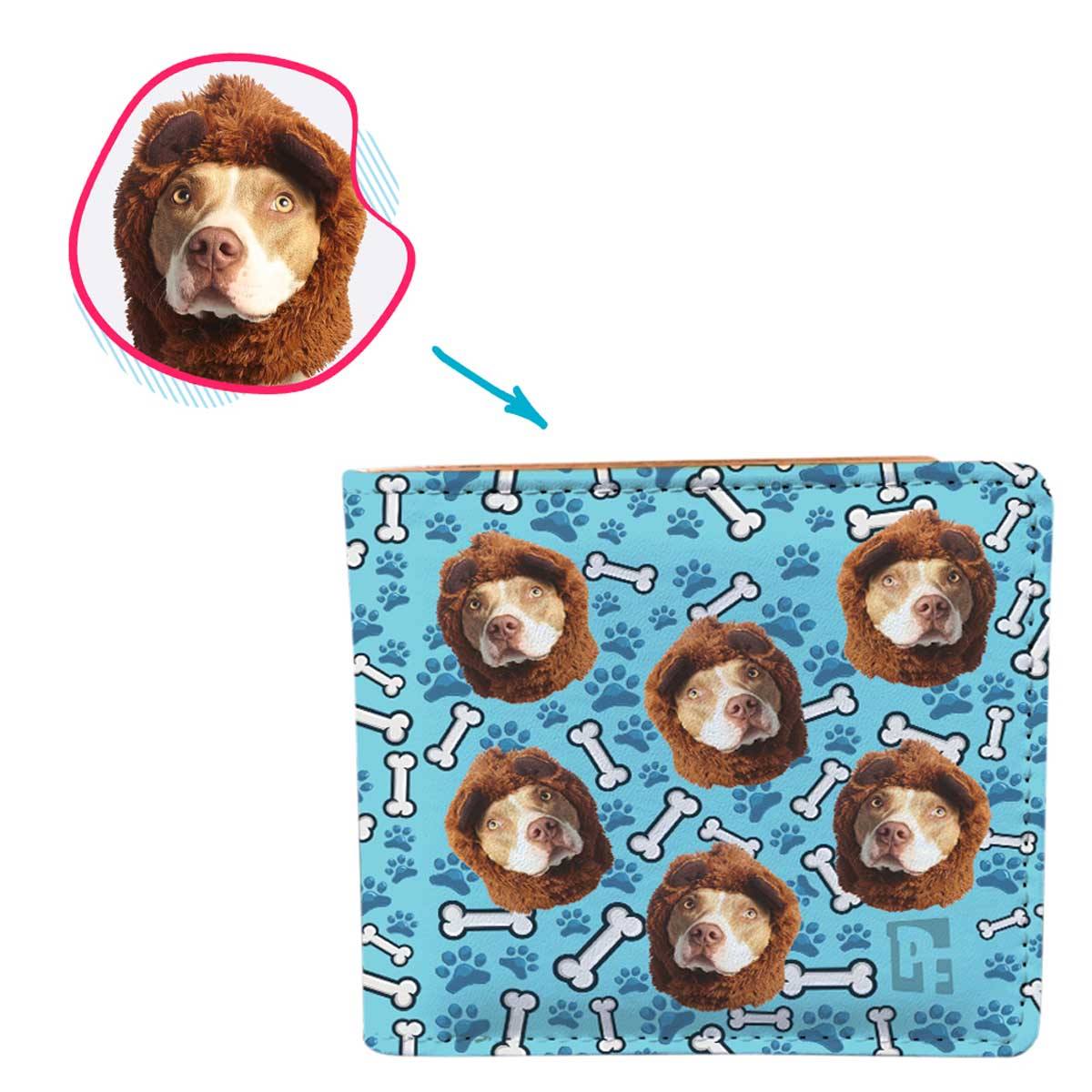 blue Dog wallet personalized with photo of face printed on it