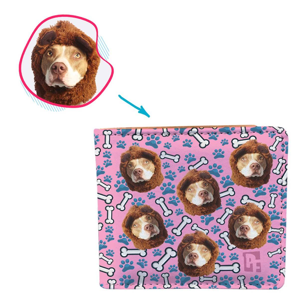 pink Dog wallet personalized with photo of face printed on it