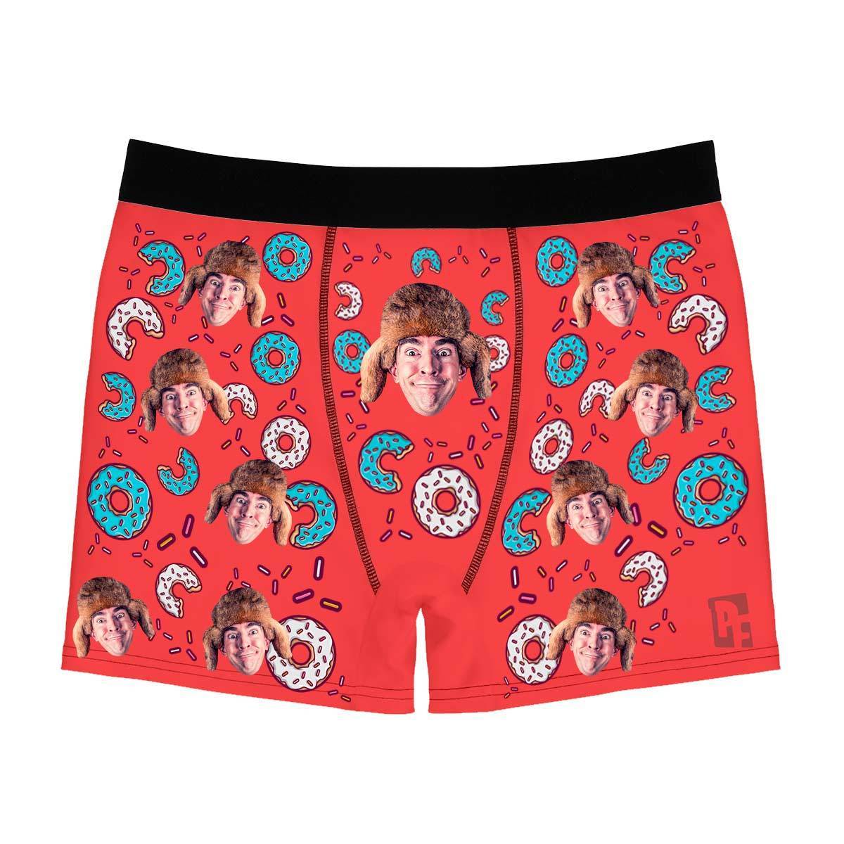 Red Donuts men's boxer briefs personalized with photo printed on them