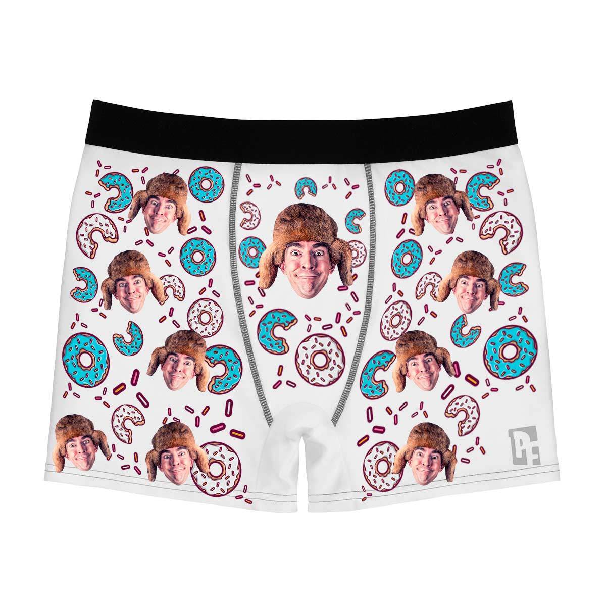 White Donuts men's boxer briefs personalized with photo printed on them