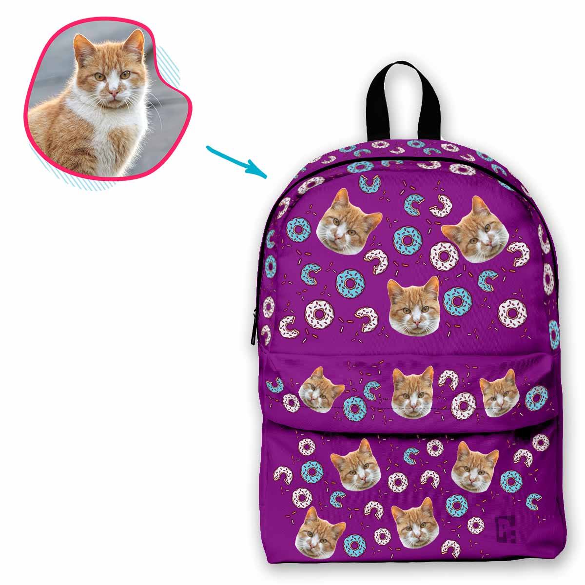 purple Donuts classic backpack personalized with photo of face printed on it