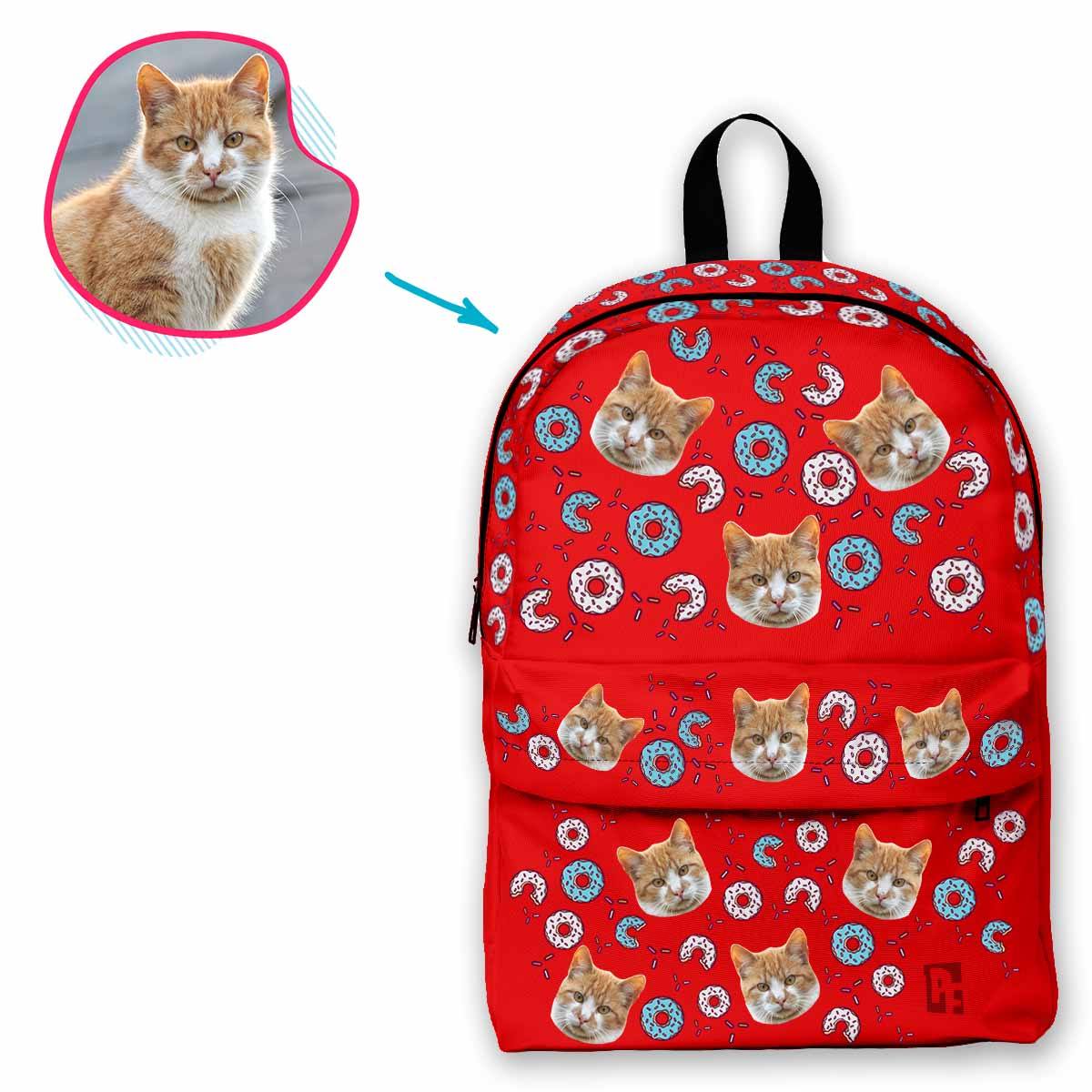 red Donuts classic backpack personalized with photo of face printed on it