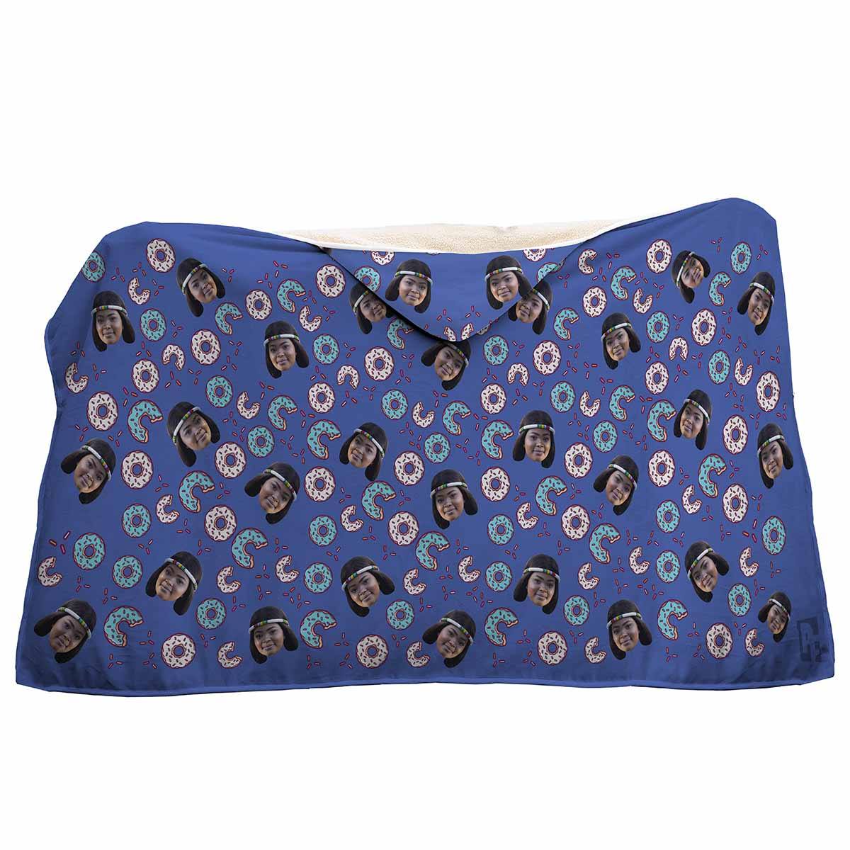 darkblue Donuts hooded blanket personalized with photo of face printed on it