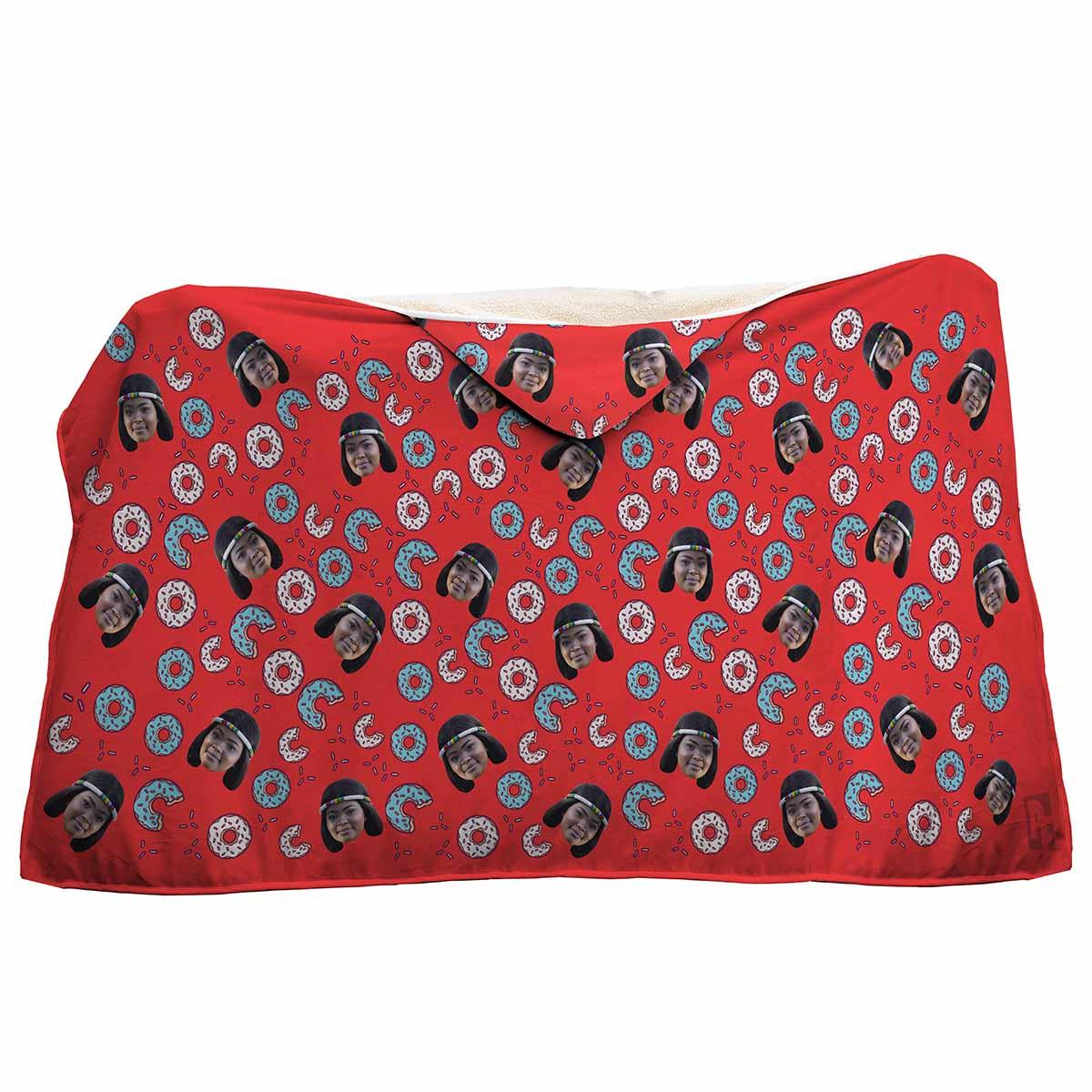 red Donuts hooded blanket personalized with photo of face printed on it