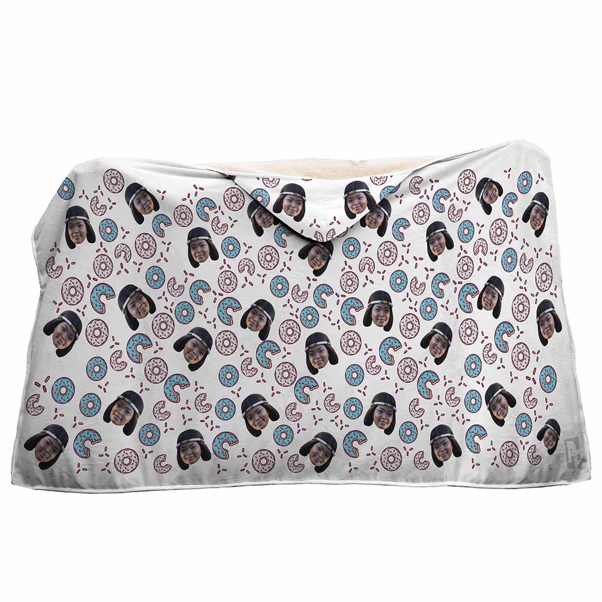 white Donuts hooded blanket personalized with photo of face printed on it