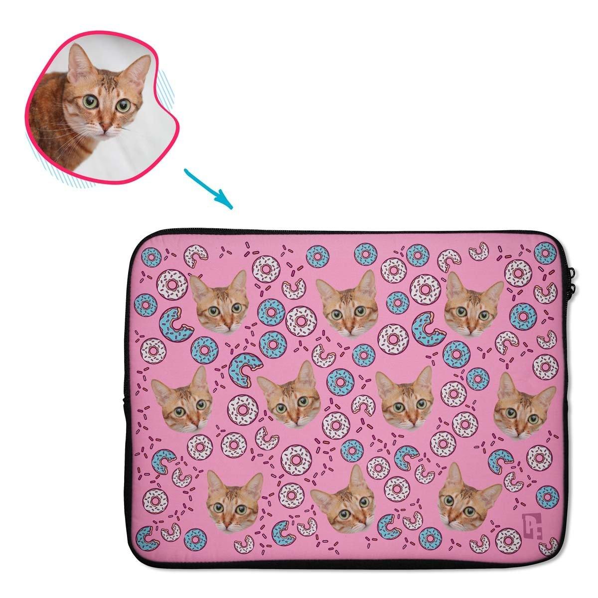 pink Donuts laptop sleeve personalized with photo of face printed on them
