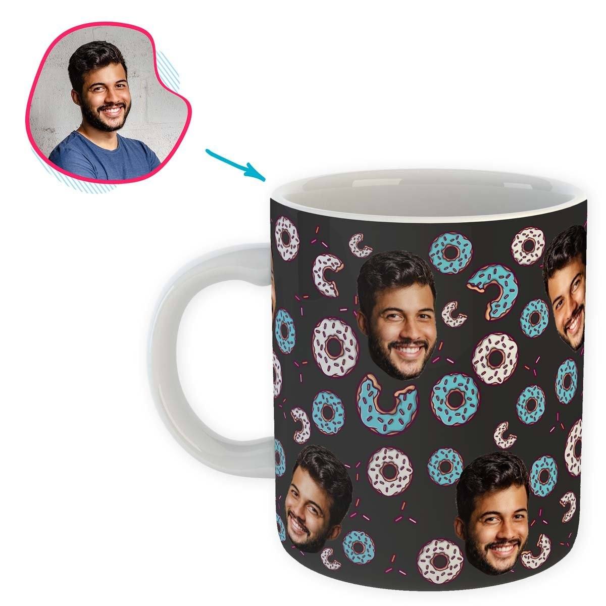 dark Donuts mug personalized with photo of face printed on it