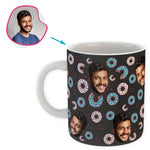 Load image into Gallery viewer, dark Donuts mug personalized with photo of face printed on it
