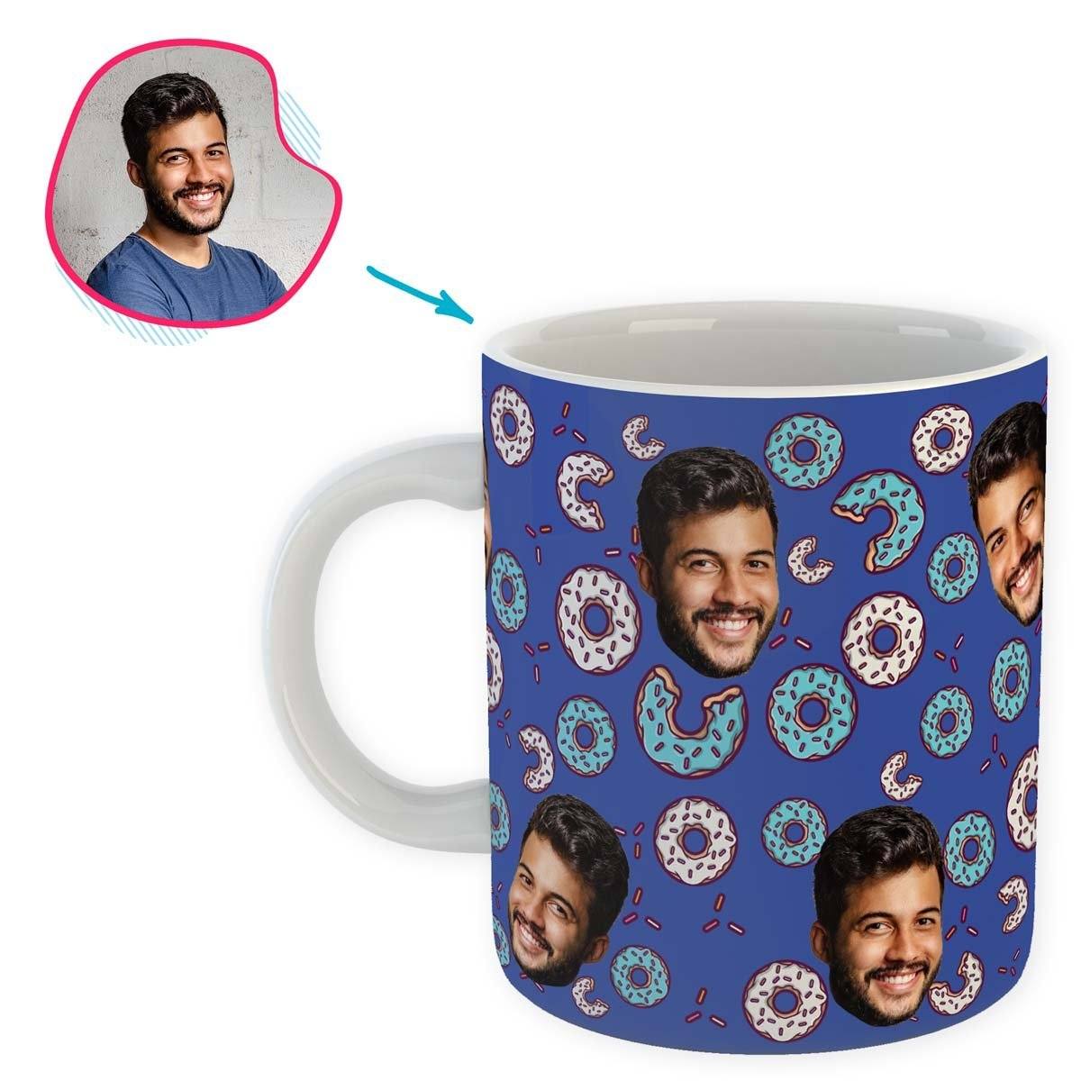 darkblue Donuts mug personalized with photo of face printed on it