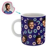 Load image into Gallery viewer, navy Donuts mug personalized with photo of face printed on it
