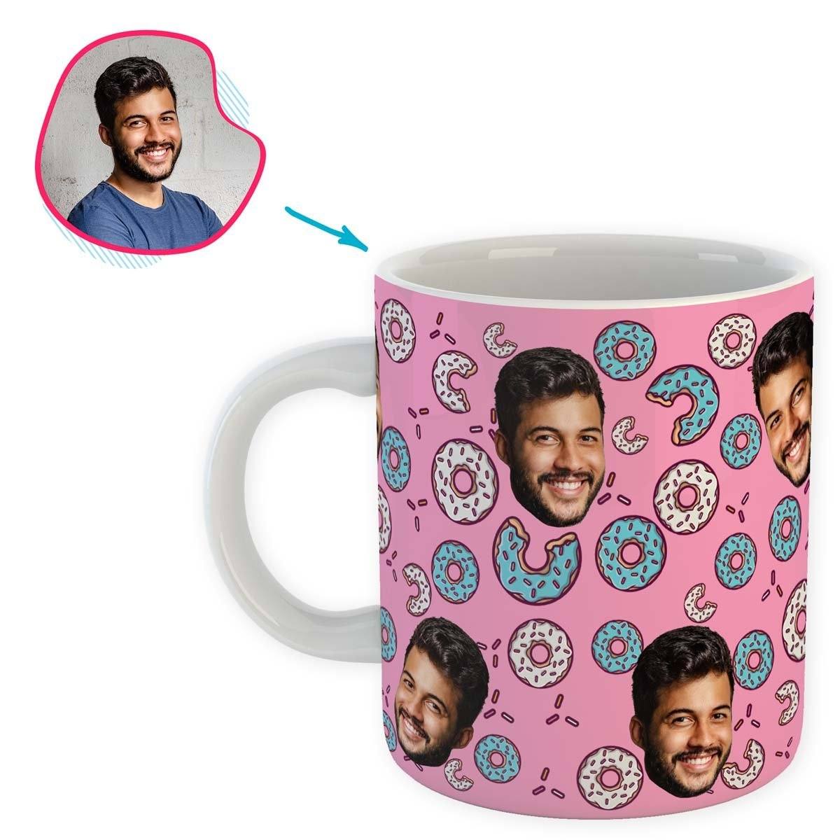 pink Donuts mug personalized with photo of face printed on it