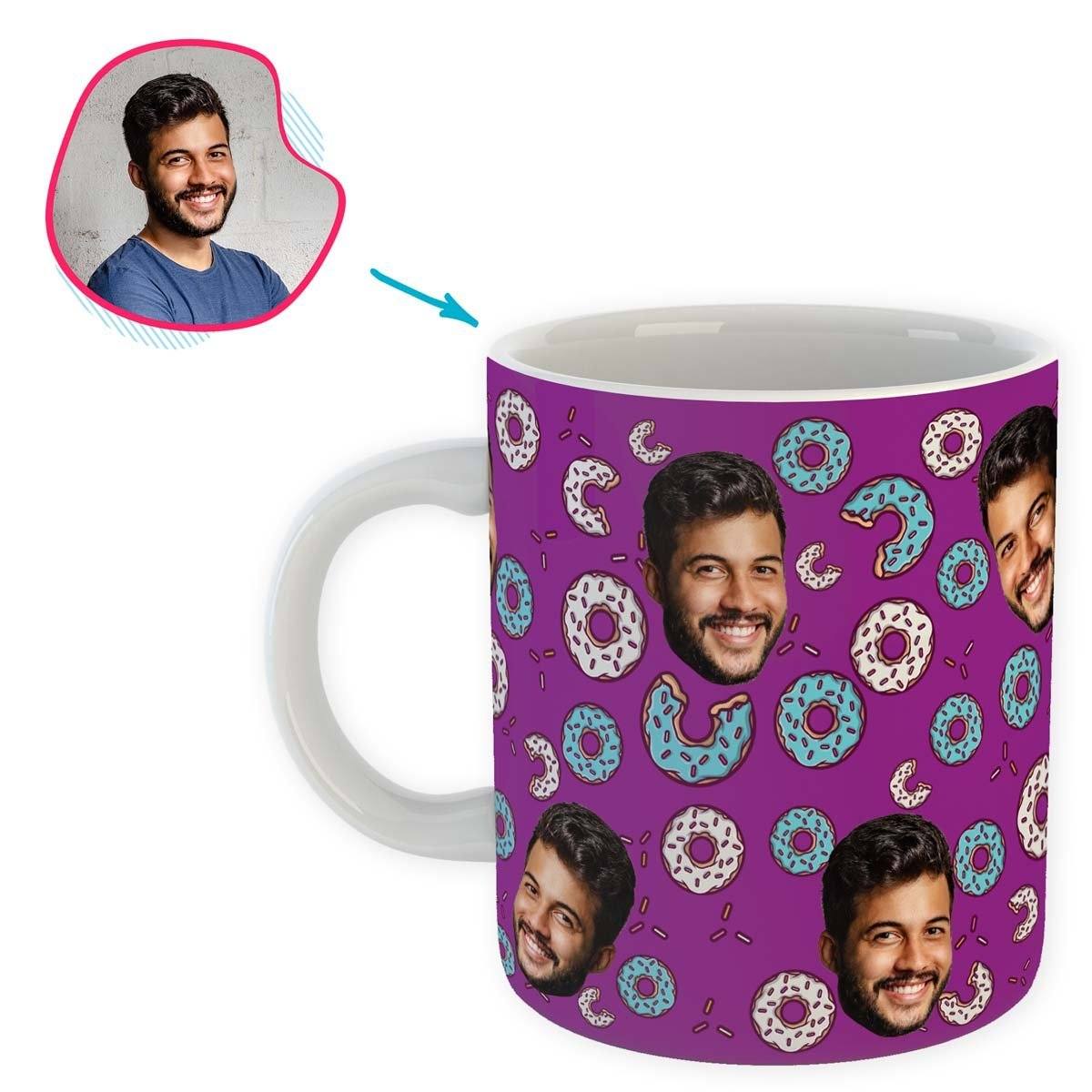 purple Donuts mug personalized with photo of face printed on it