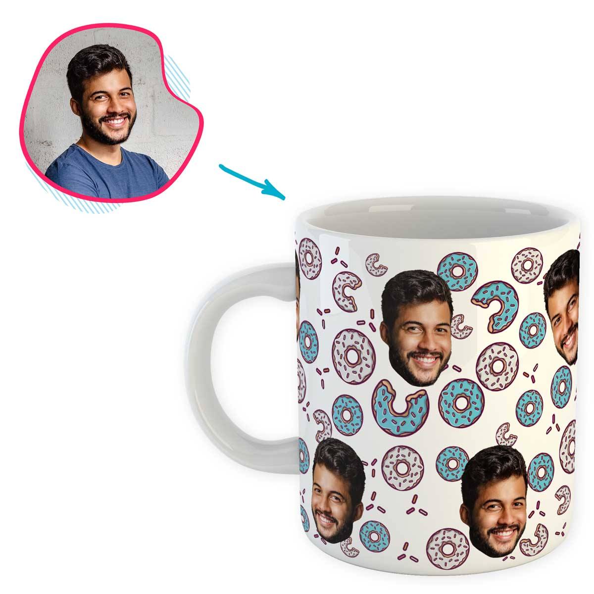 white Donuts mug personalized with photo of face printed on it