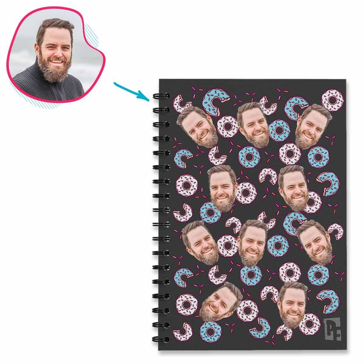 dark Donuts Notebook personalized with photo of face printed on them