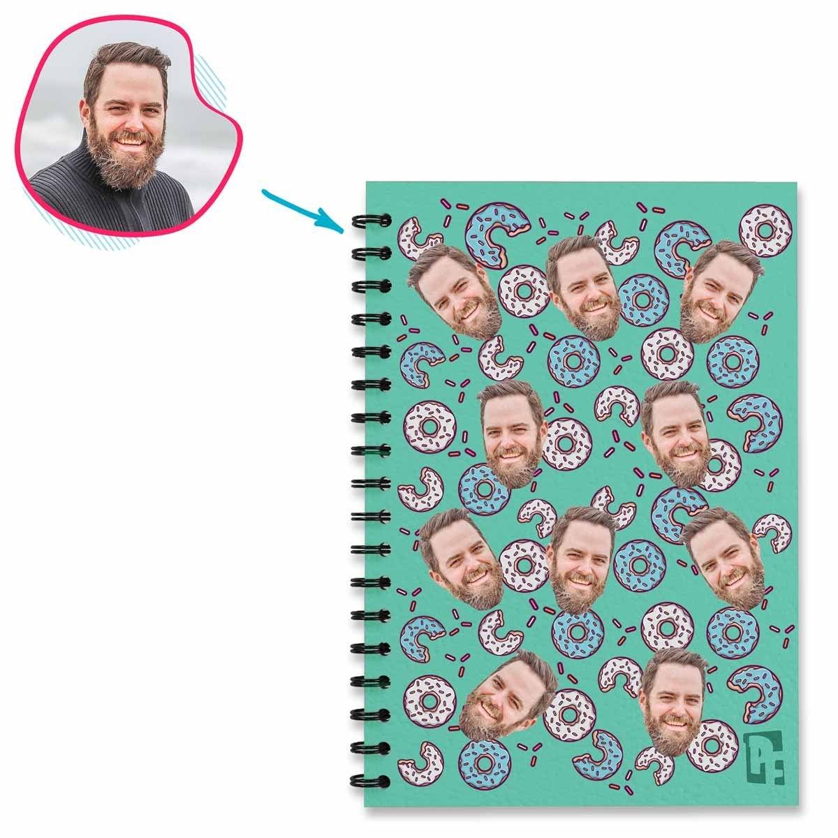 mint Donuts Notebook personalized with photo of face printed on them