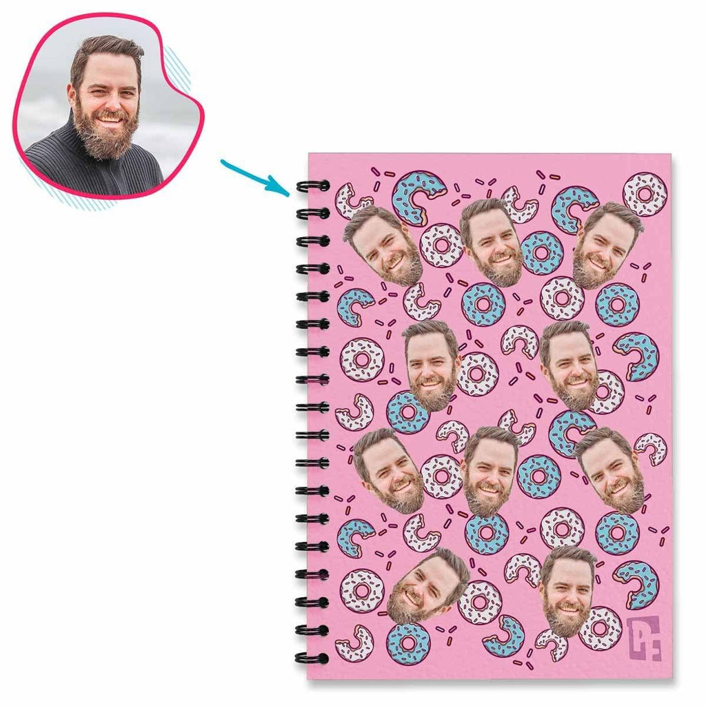 pink Donuts Notebook personalized with photo of face printed on them