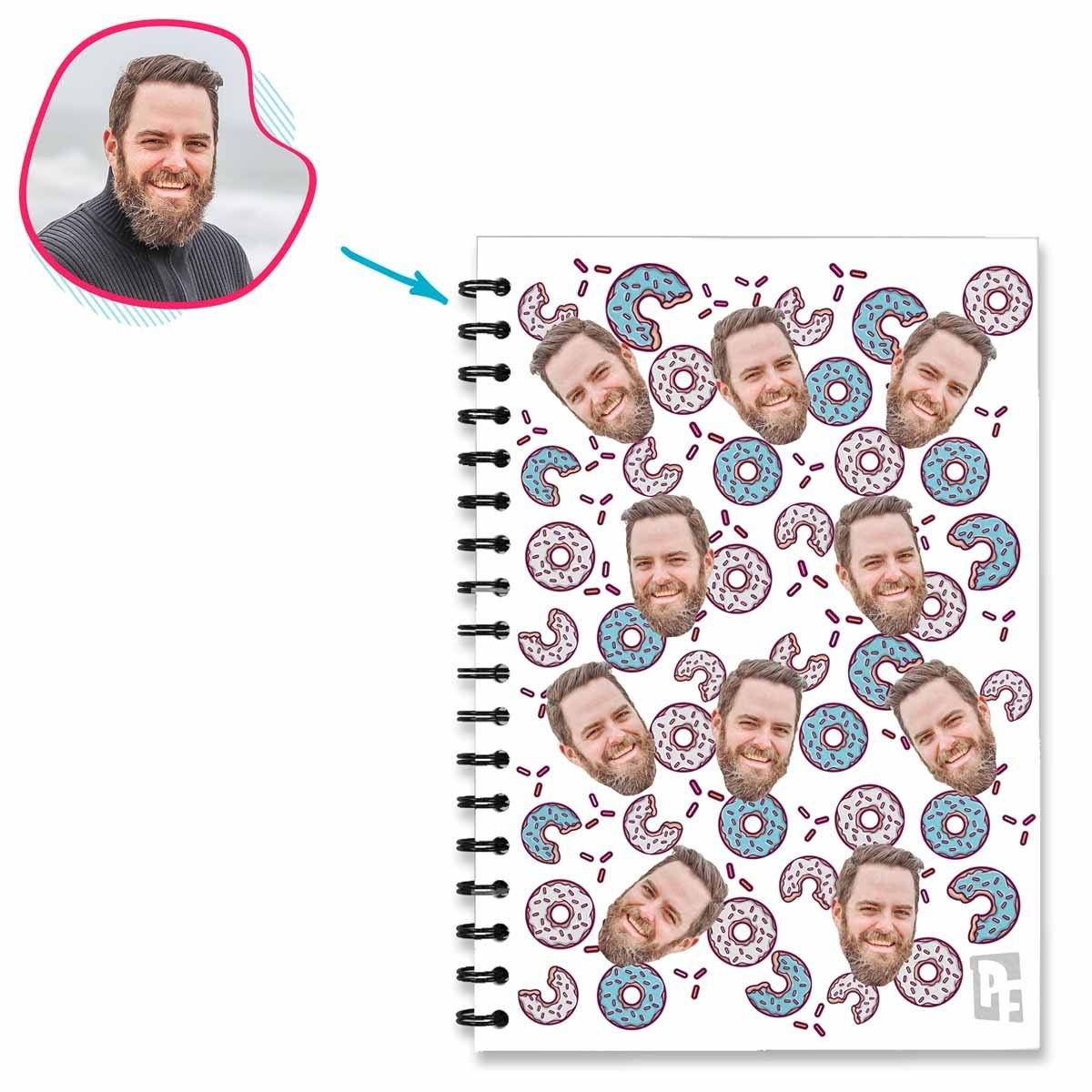white Donuts Notebook personalized with photo of face printed on them