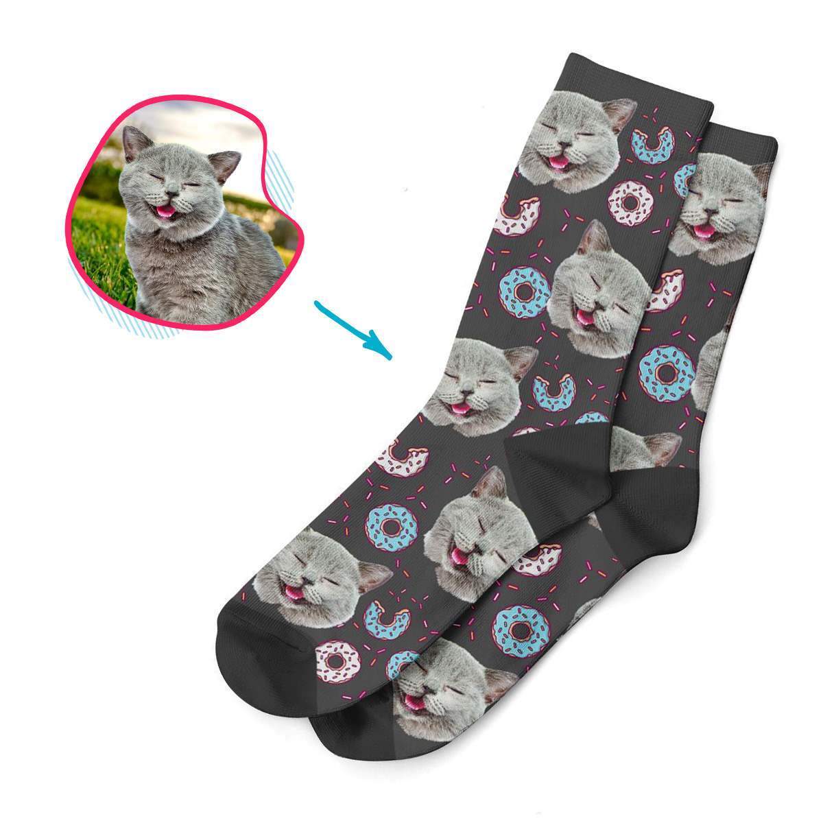 dark Donuts socks personalized with photo of face printed on them